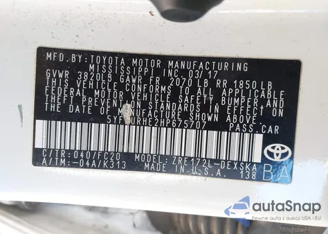 2017 Toyota Corolla Se from USA, damaged, VIN 5YFBURHE2HP675707